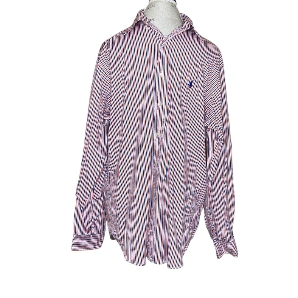 Ralph Lauren Classic Fit Size 16 1/2 34/35 Orange Blue White Striped Button Down